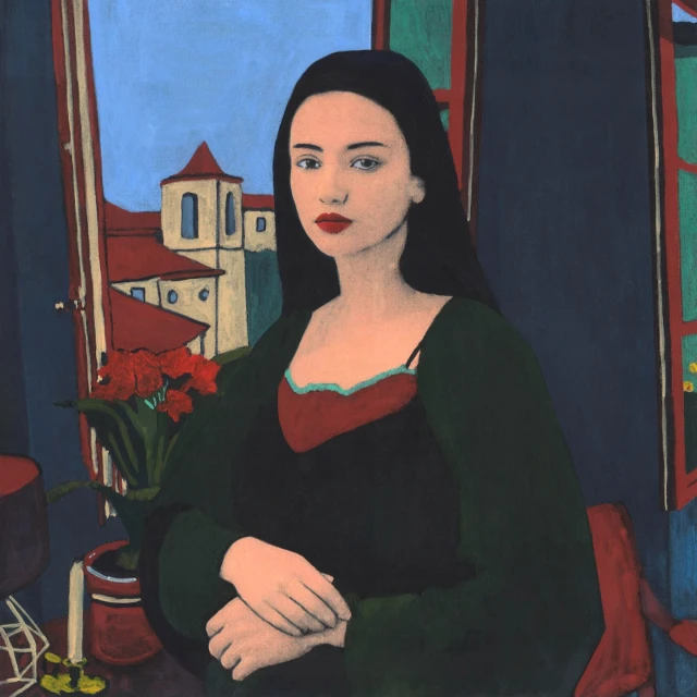 Artistic painting of a young woman indoors near a window, with view of a city building and flowers, showcasing a blend of fine art and portraiture.
