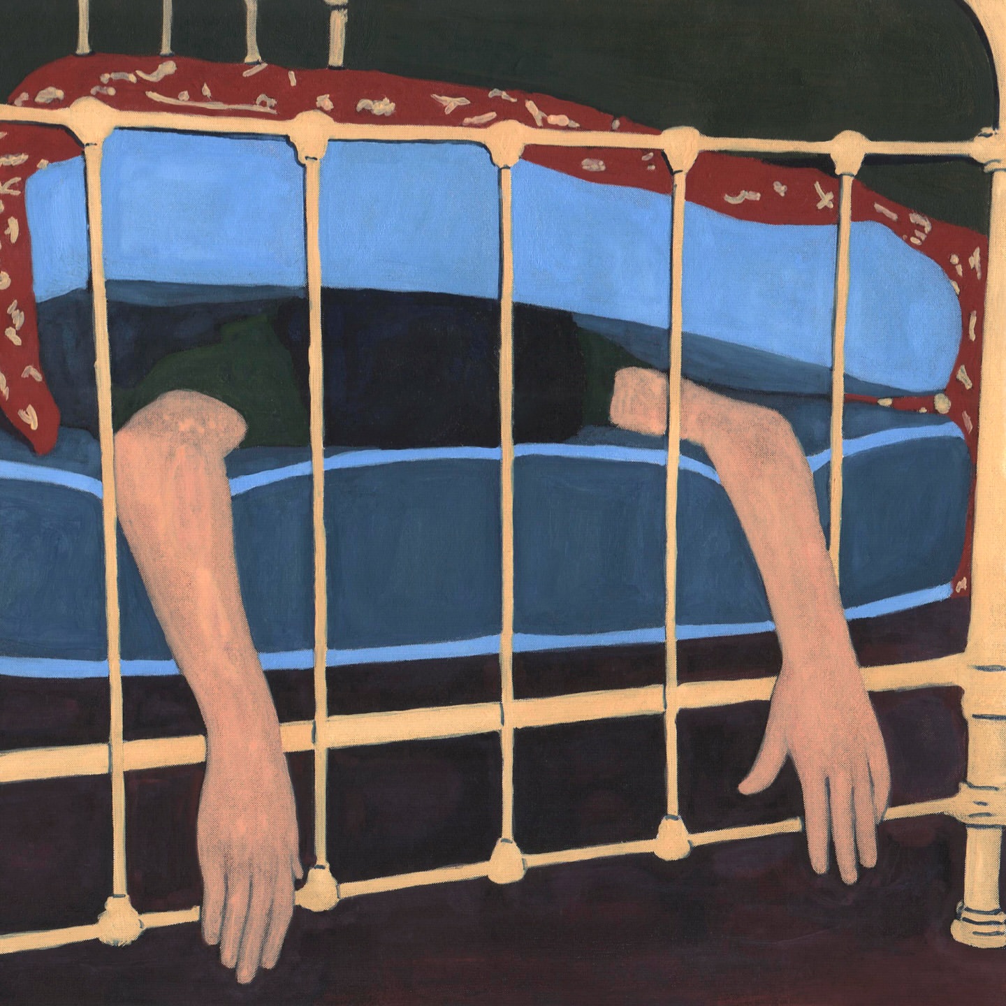 Artistic painting of a person lying in a bed with metal frame, pillow, and blanket in dark indoor setting.