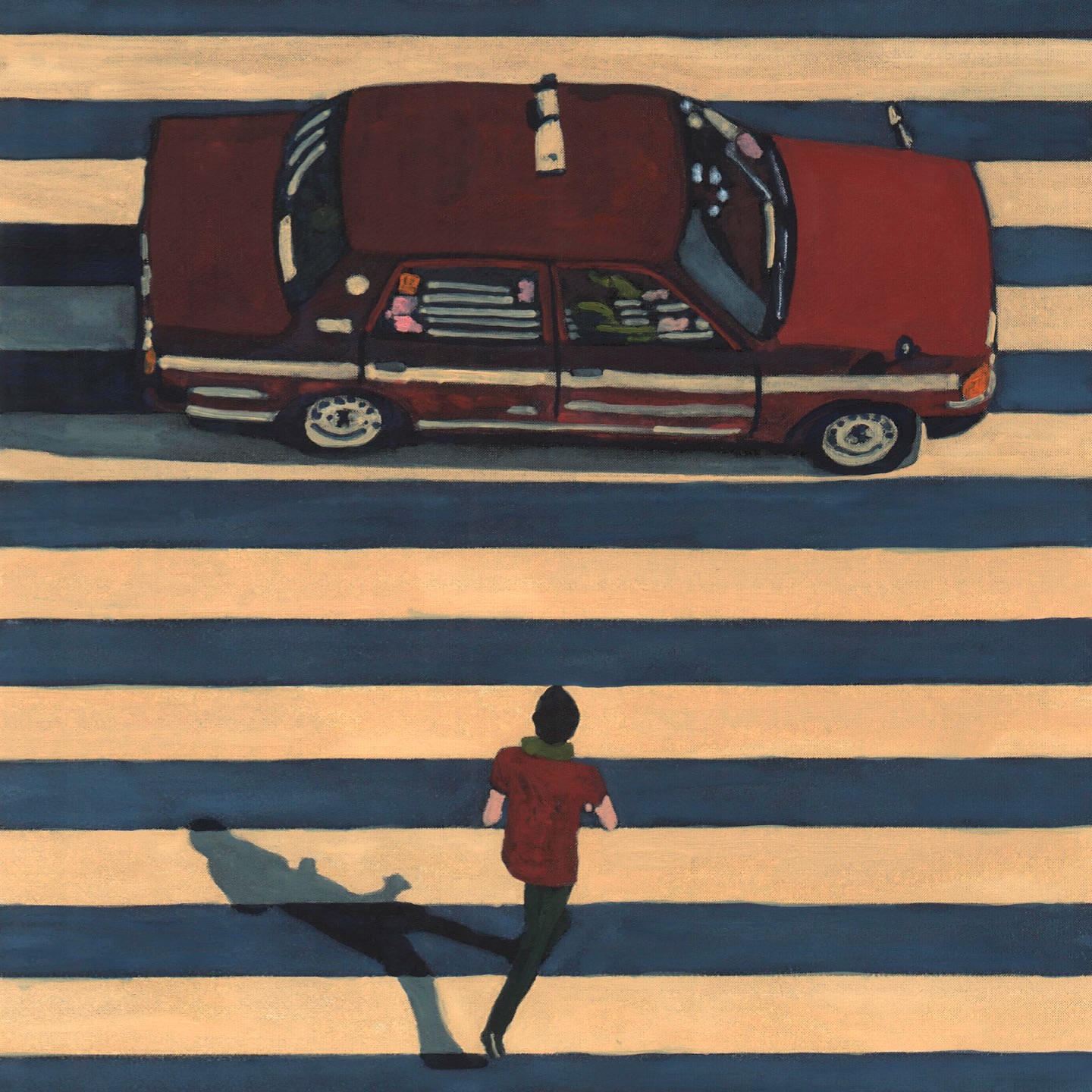 Illustration of a red taxi driving over pedestrian crossing stripes with a person walking toward it, rendered in a painterly style.