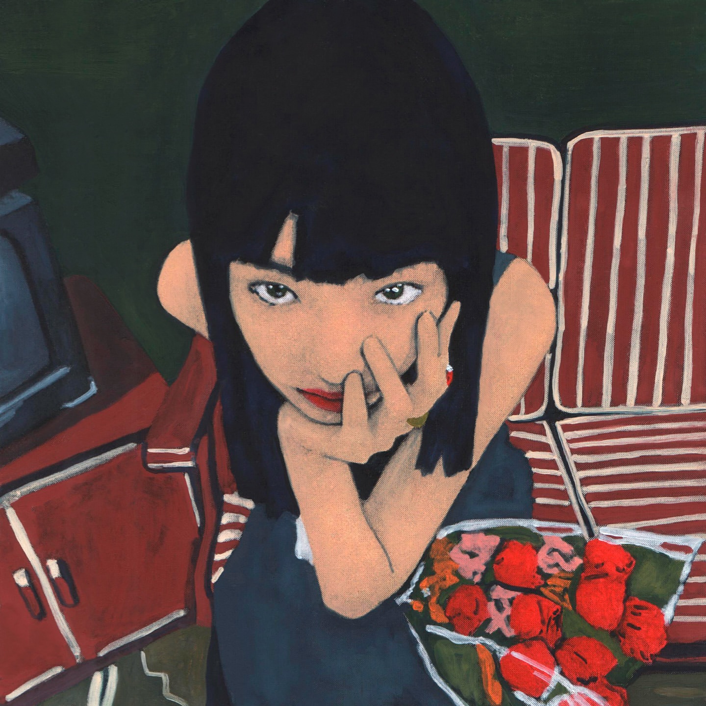 Illustration of a young woman with black hair holding a bouquet of red flowers while seated by a red and white striped couch.
