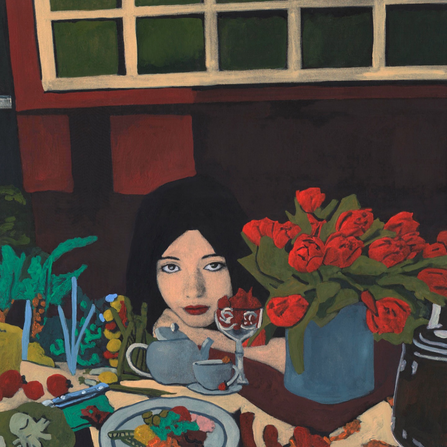 Painting of a woman with black hair seated at a table with flowers, a teapot, and various dishes against a dark background.
