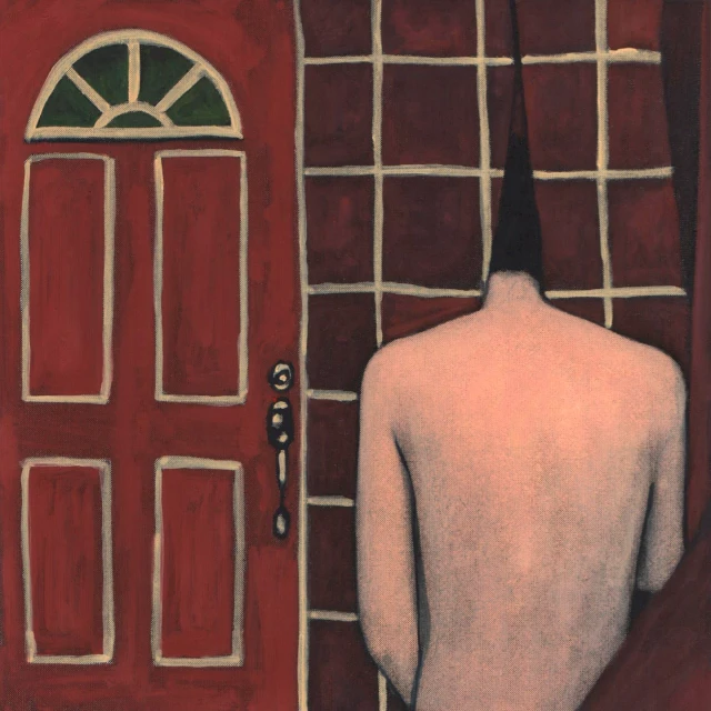 Artistic nude figure with back turned next to closed red door and adjacent window panel, rendered in conceptual painted style.