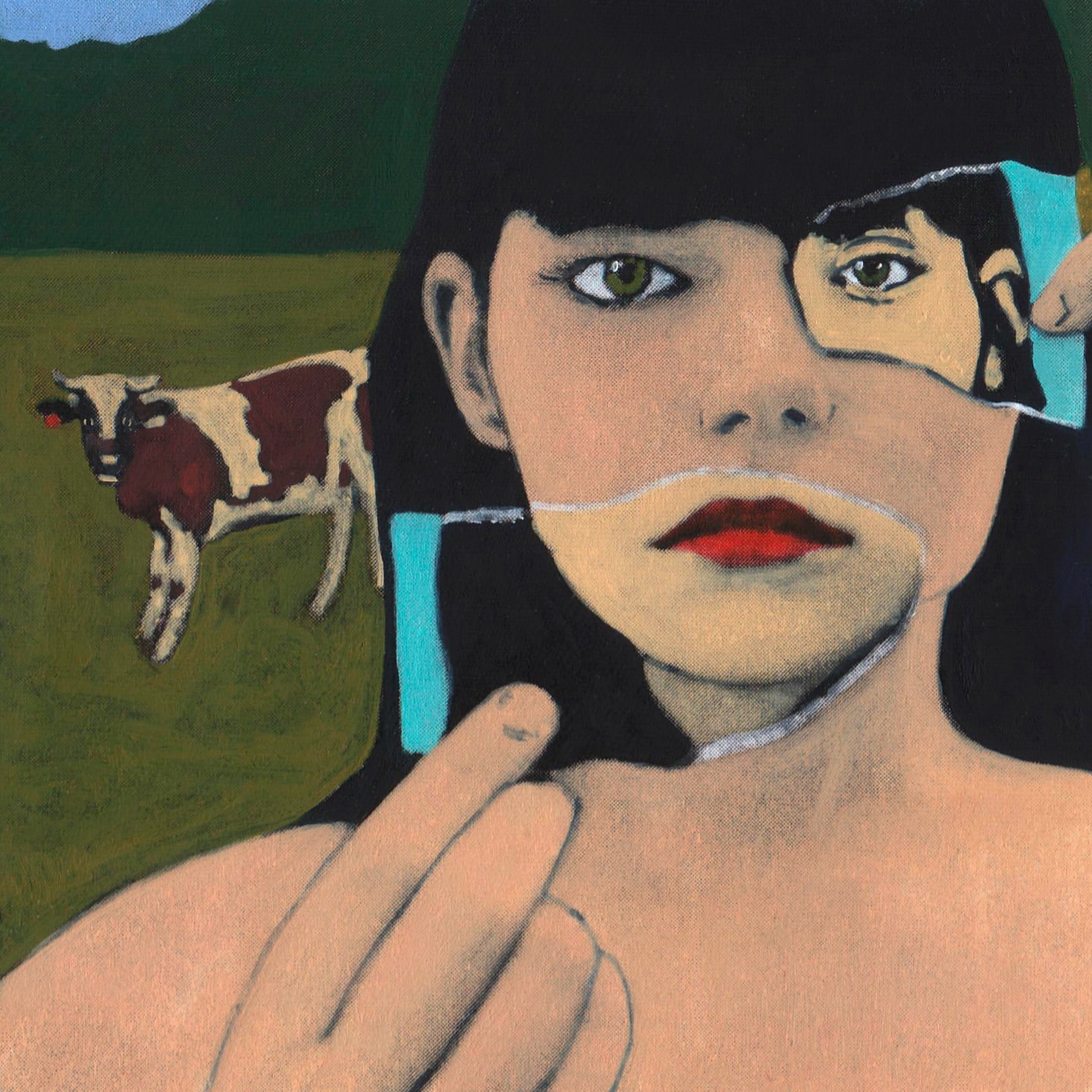 Painted portrait of a young woman with a fractured mirror effect revealing another face, set against a green field with a cow.