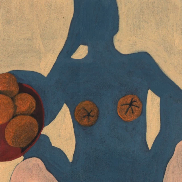 Abstract painting of a blue silhouette figure holding a plate of brown spheres with two star-marked spheres on the figure's chest.