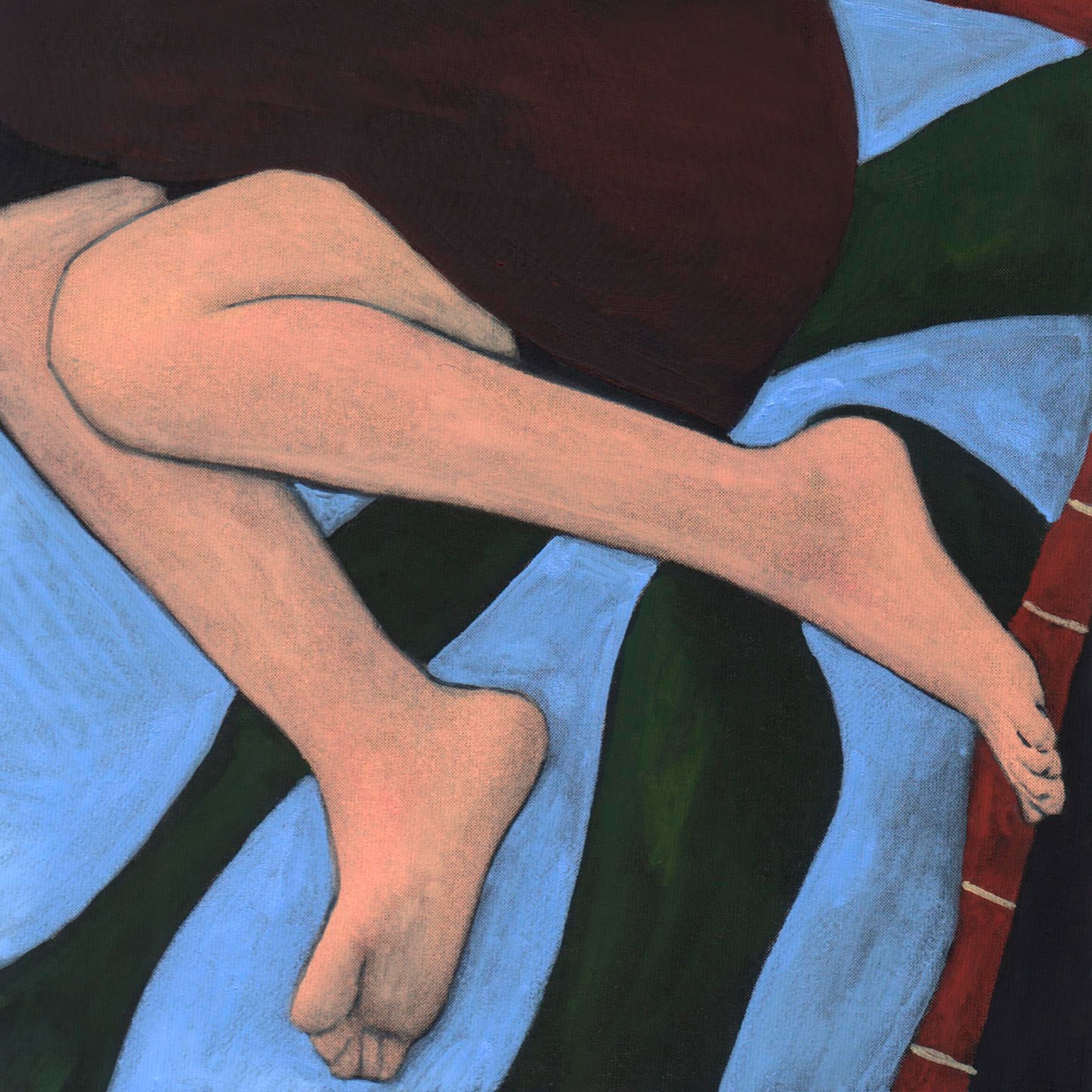 Artwork depicts a person resting on a horizontally striped surface in muted tones, showcasing the individual's legs and lower torso.