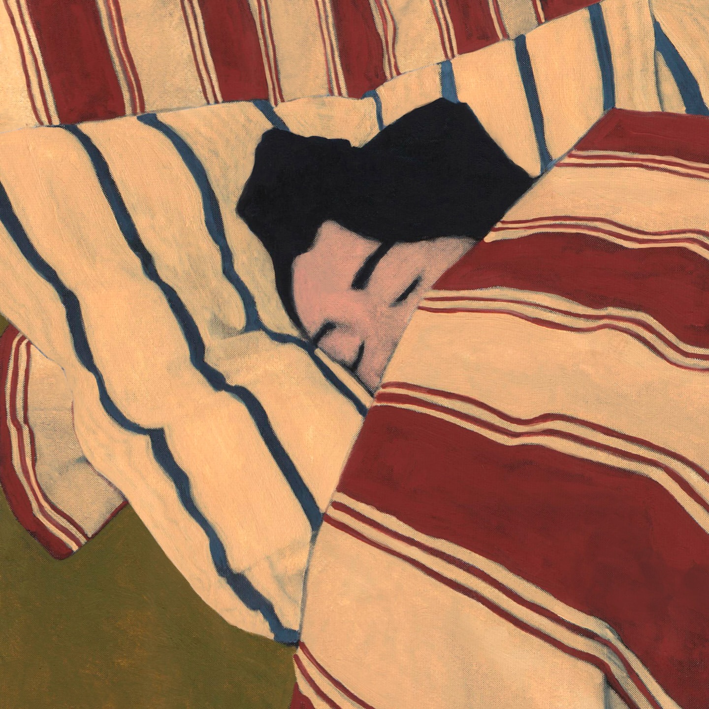 Illustration of a person sleeping, nestled under striped sheets, in warm tones with visible brush strokes and simple forms.