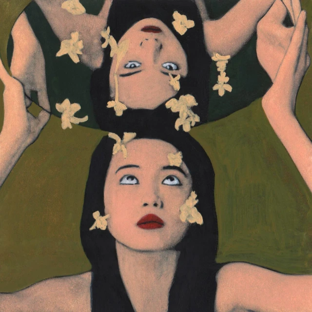 Painting of a woman holding a mirror reflecting her upside down, surrounded by small yellow flowers in front of an olive green backdrop.
