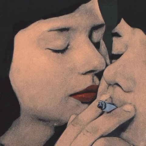 Close-up painting of a woman with red lipstick holding a lit cigarette near another person with a dark background.