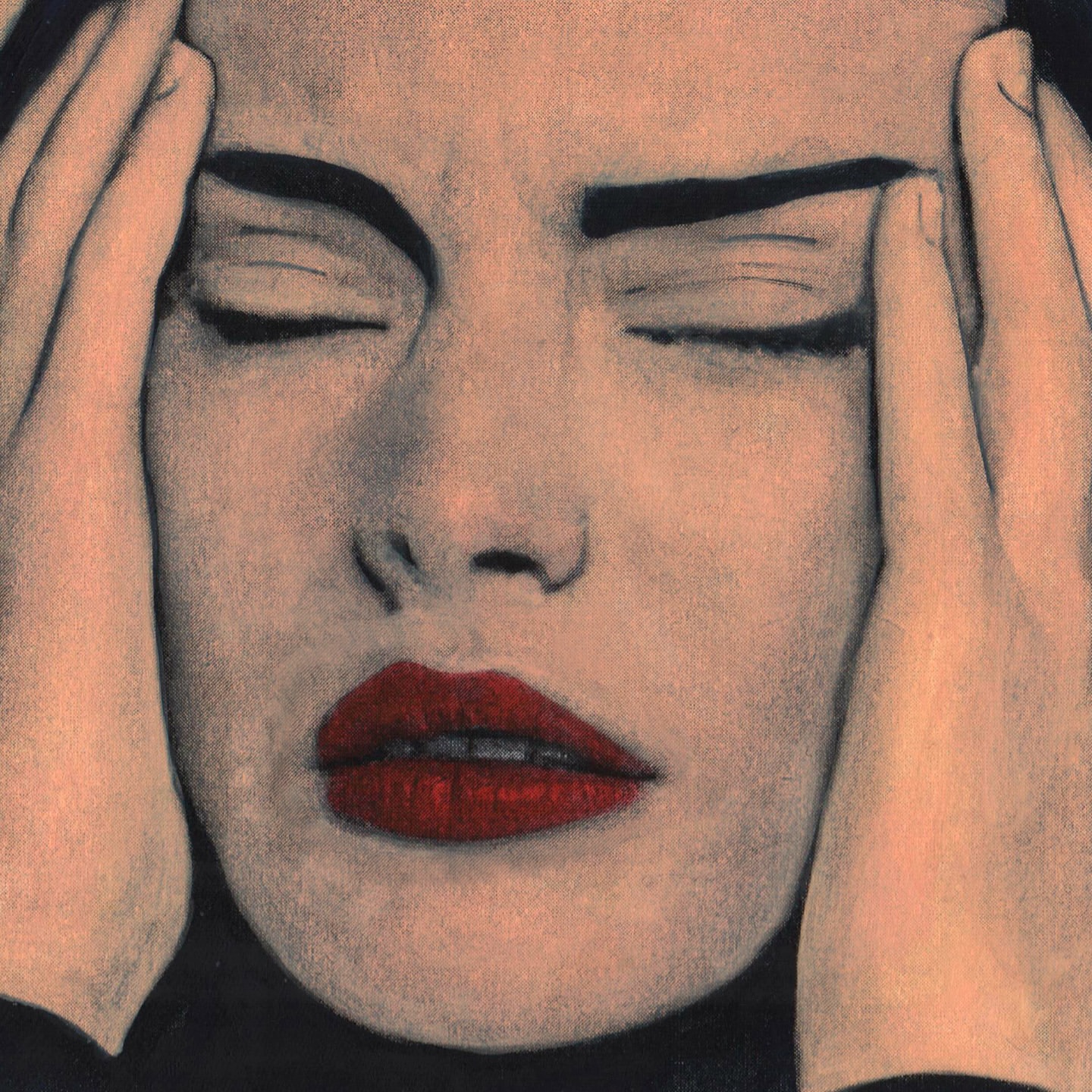 Illustration of an adult woman with closed eyes and hands on temples, conveying discomfort and tension, in a muted color palette.