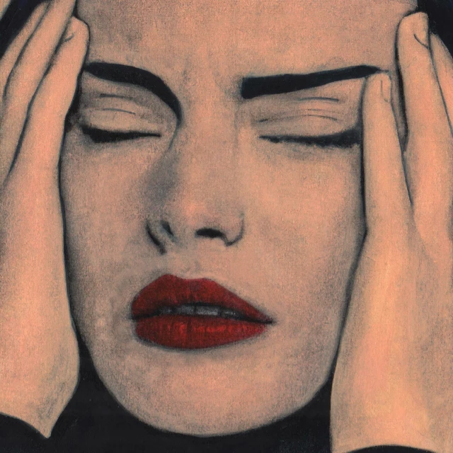 Illustration of an adult woman with closed eyes and hands on temples, conveying discomfort and tension, in a muted color palette.