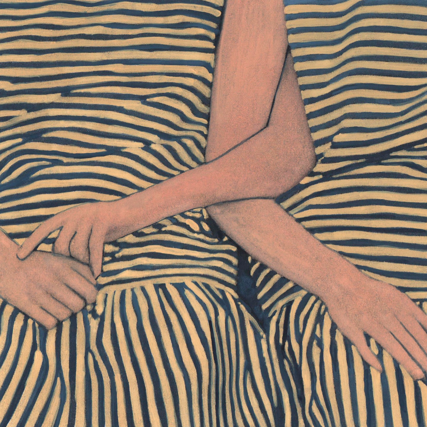Abstract painting featuring two figures with light skin tones wearing dresses with horizontal blue and white stripes against a blue backdrop.