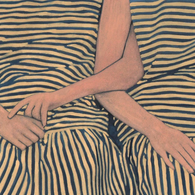 Abstract painting featuring two figures with light skin tones wearing dresses with horizontal blue and white stripes against a blue backdrop.