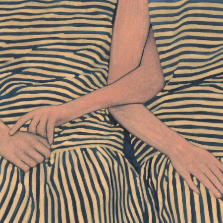 Abstract painting featuring two figures with light skin tones wearing dresses with horizontal blue and white stripes against a blue backdrop.