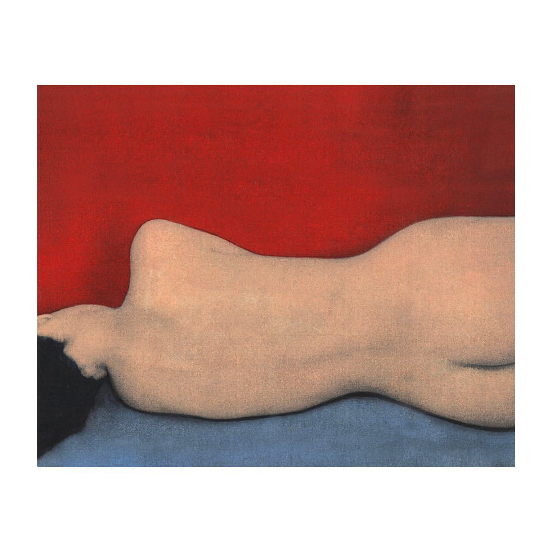 Artistic nude painting featuring a reclined figure against a vibrant red backdrop, showcasing smooth skin textures and dark hair.