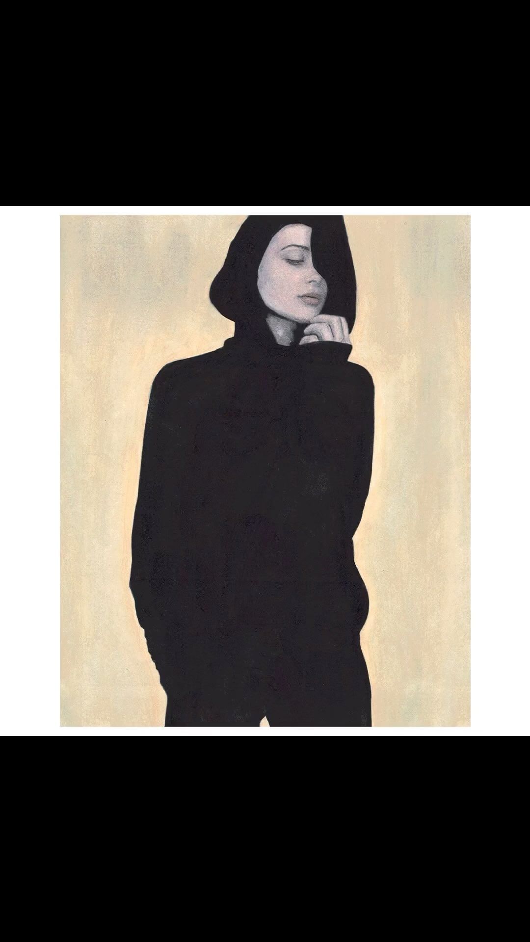 Portrait of a fair-skinned woman in a black hooded garment, facing left with a contemplative expression against a neutral backdrop.