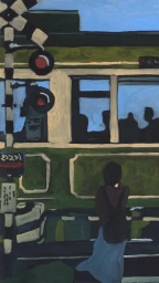 An oil painting of a lone figure standing by a railway crossing next to a stationary green train car.
