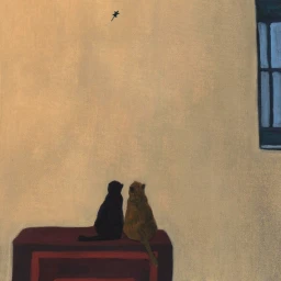 Two cats sitting together on a red surface against a yellow wall with a window