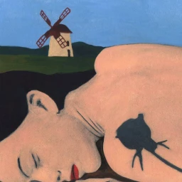 Close-up illustration of a resting woman with a windmill landscape in the background by Nickie Zimov