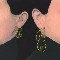 Close-up illustration of two profiles facing opposite ways, wearing abstract gold wire earrings against a dark background.