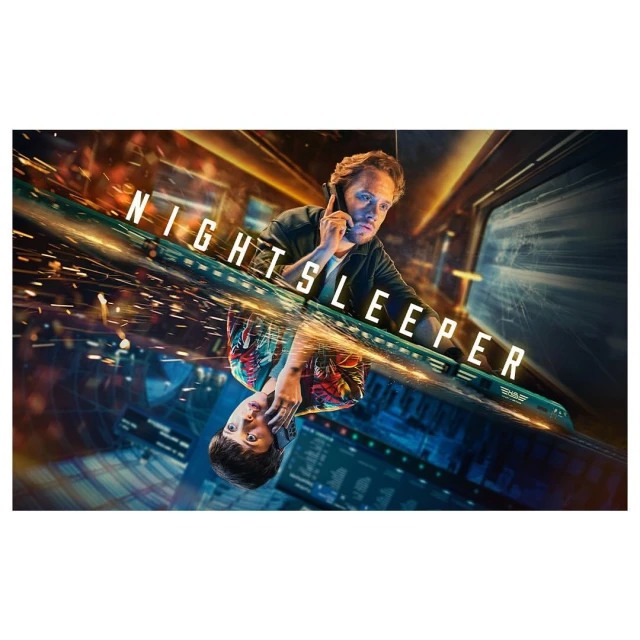 Movie poster for 'Night Sleeper' featuring a man on a phone on a moving train at night, with a mirrored reflection of him below.