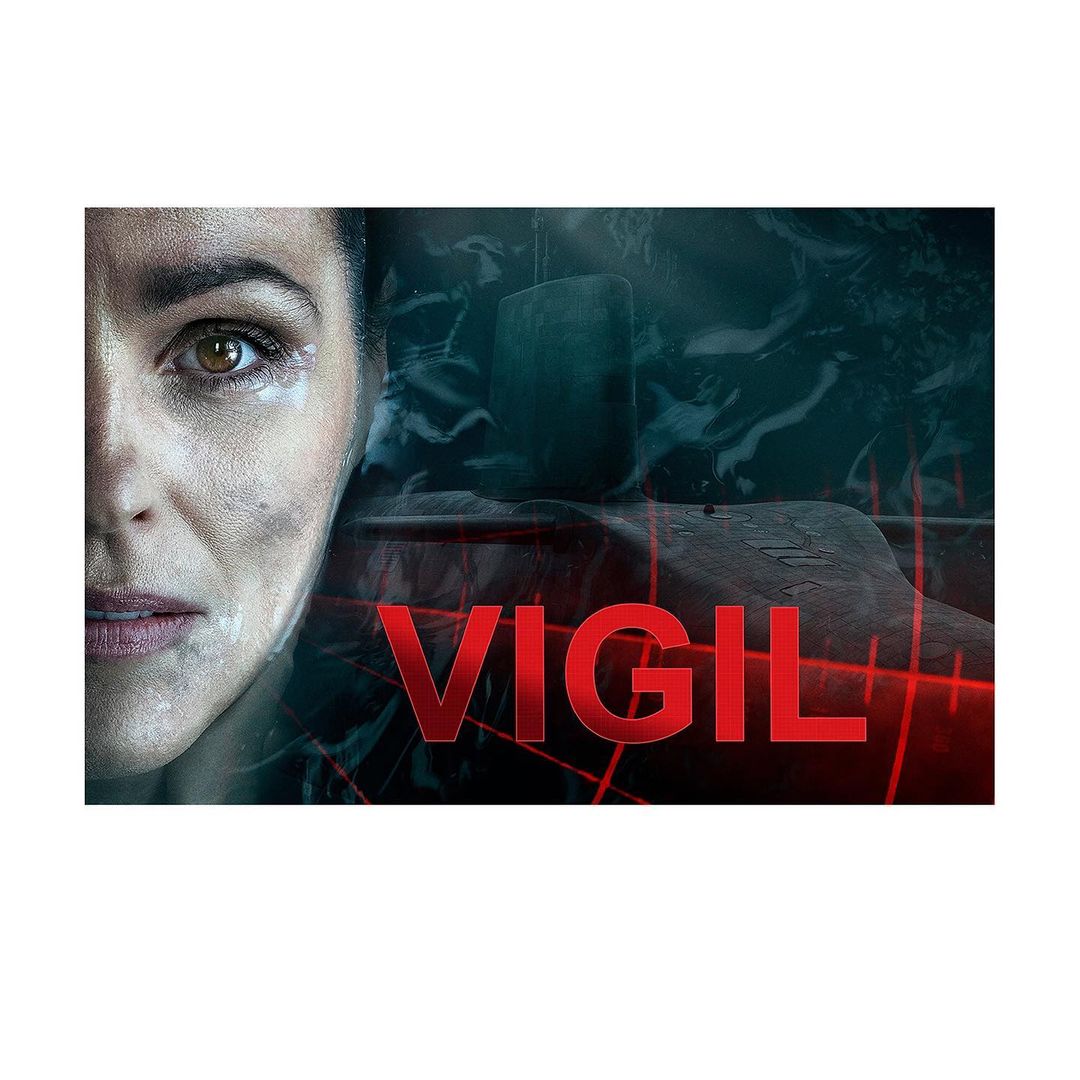 Close-up of a distressed-looking adult female against a background of a submarine interior and the word 'Vigil' in red text.