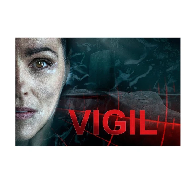 Close-up of a distressed-looking adult female against a background of a submarine interior and the word 'Vigil' in red text.