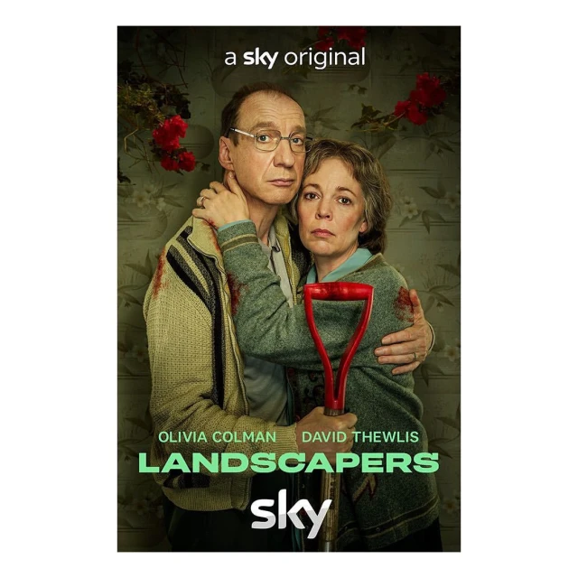 Promotional image for Landscapers on Sky featuring Olivia Colman and David Thewlis embracing in front of floral wallpaper.