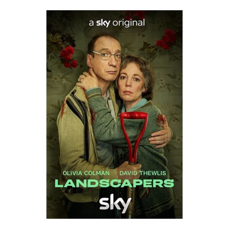 Promotional image for Landscapers on Sky featuring Olivia Colman and David Thewlis embracing in front of floral wallpaper.