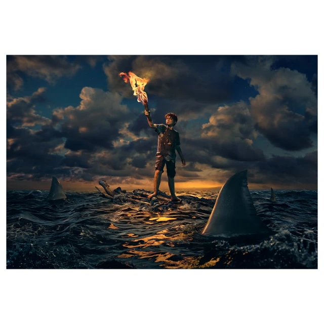 Young person stands on driftwood in stormy ocean surrounded by sharks, holding burning cloth aloft under dramatic sky with sunlit clouds.