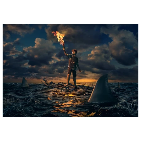 Young person stands on driftwood in stormy ocean surrounded by sharks, holding burning cloth aloft under dramatic sky with sunlit clouds.