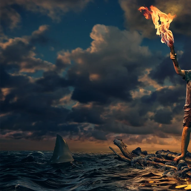 Person holding torch on makeshift raft at night, shark fin visible, dramatic sky, concept of survival, resilience, and resourcefulness.