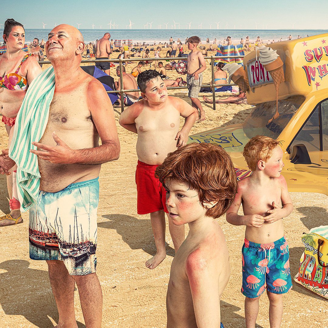 Sunny day at the beach featuring a group of people of various ages, an ice cream truck, and beachgoers enjoying the seaside.