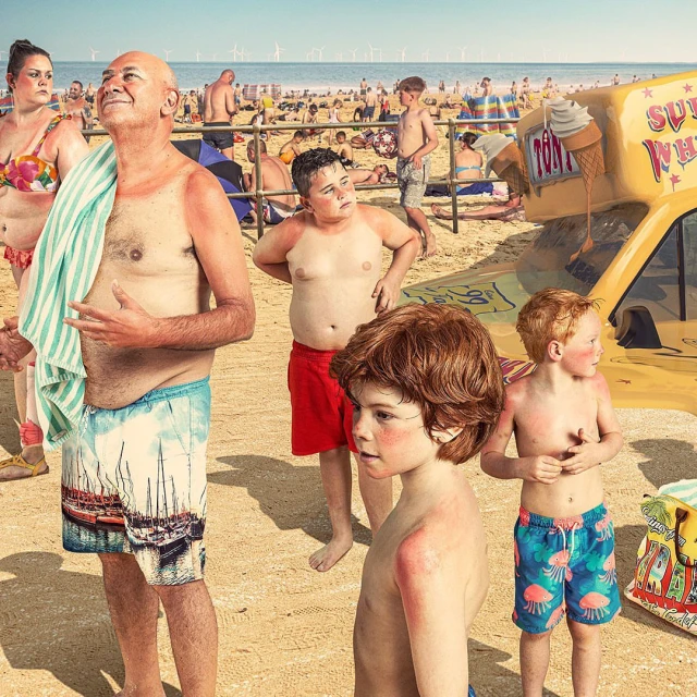 Sunny day at the beach featuring a group of people of various ages, an ice cream truck, and beachgoers enjoying the seaside.