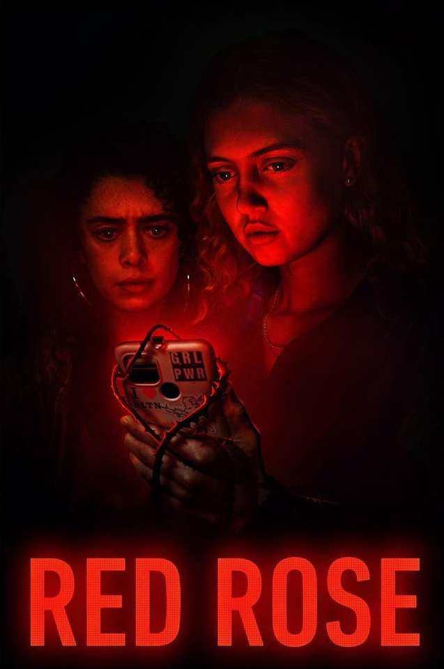 Movie poster for Red Rose featuring two young women illuminated by a phone, with red lighting casting dramatic shadows on their faces.