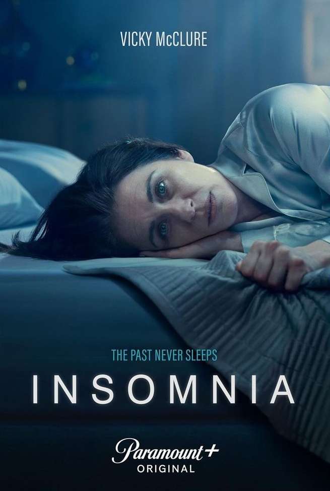 Close-up of Vicky McClure in 'Insomnia' movie poster: woman reclining in bed with dark hair, wearing pajamas, set against a dark blue background.