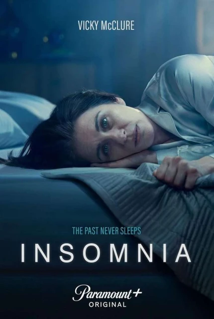 Close-up of Vicky McClure in 'Insomnia' movie poster: woman reclining in bed with dark hair, wearing pajamas, set against a dark blue background.