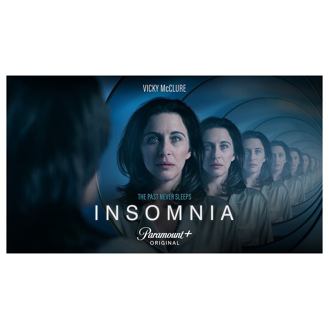 Vicky McClure is featured in an 'Insomnia' TV show promotional image, standing in front of rows of herself against a blurred background.