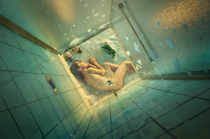 Artistic image of a woman lying in a shower with tiles, figurines, and soapy water. A creative and surreal composition.