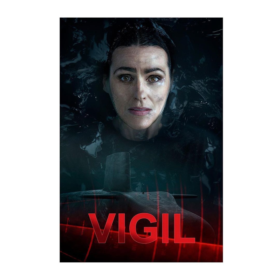 A woman floats in dark water with a submarine beneath, under the bold red text 'VIGIL' movie poster. Dark, intense, and cinematic.