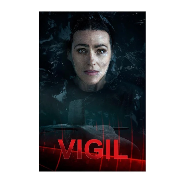 A woman floats in dark water with a submarine beneath, under the bold red text 'VIGIL' movie poster. Dark, intense, and cinematic.