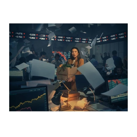 Woman walks through a chaotic office, holding a cardboard box filled with belongings, financial charts in the background.