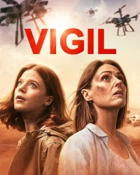 Two women looking upward in concern with drones flying overhead under a bright sky, photographed by Nicky Hamilton.