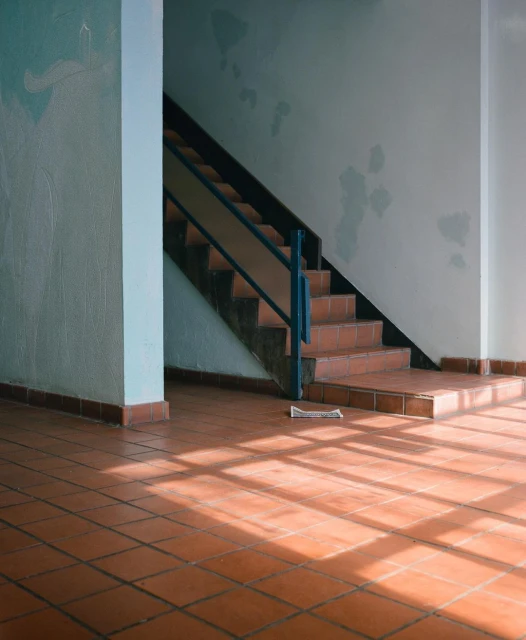 Indoor stairway with red brick steps and landing, blue metal railing, and natural lighting in a minimalist interior space.