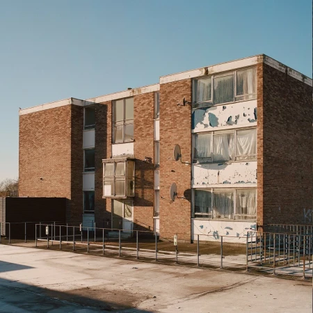Exterior of a three-story brick apartment building under a clear blue sky, featuring white window frames and symmetrical satellite dishes.