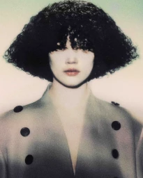 Portrait of a model with short dark curly hair wearing a buttoned grey coat by Nicola Delorme
