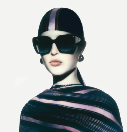 Model wearing dark oversized sunglasses, a fitted striped head covering, and matching patterned top against a plain white background.