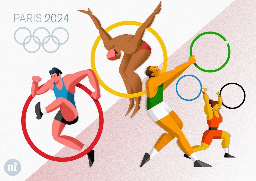 Stylized illustration of athletes in motion with Olympic rings against a white background; Paris 2024 logo included.