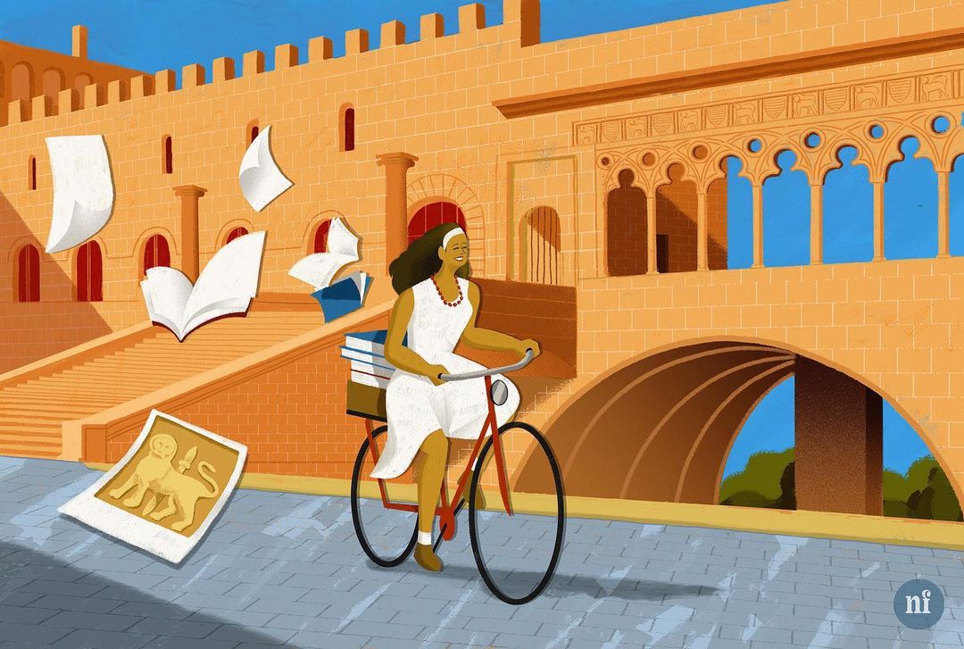 Illustration of a smiling woman in white dress riding a bicycle with books, with architectural landmarks and floating papers in the background.