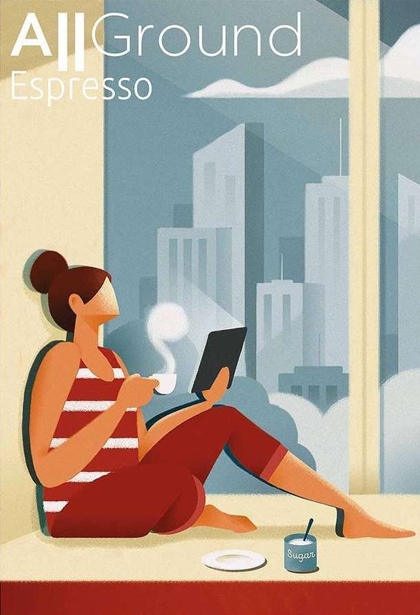Illustration of a person relaxing by a window with a coffee and tablet, set against a backdrop of city buildings and blue sky.