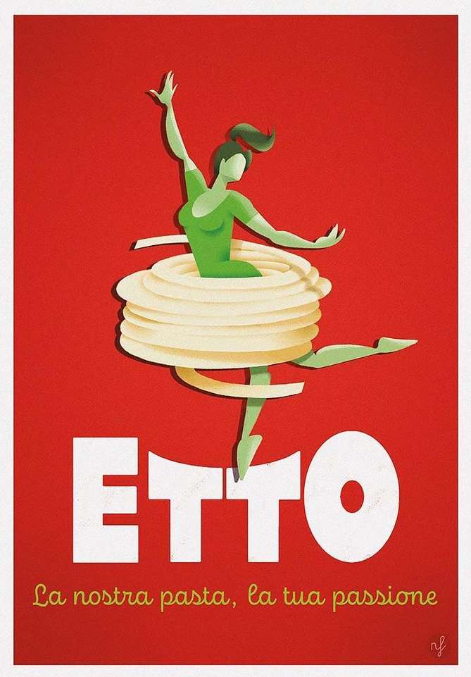 Whimsical food poster: A stylized female figure in a green dress and point shoes is encircled by a coil of pasta on a red background.
